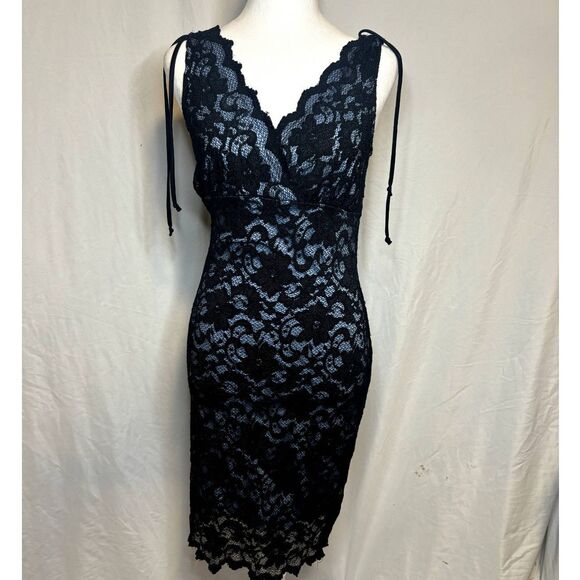 Ruby Rox Vintage Lace Black Floral Maxi Dress Baby Blue Lined Womens Designer - Picture 1 of 9